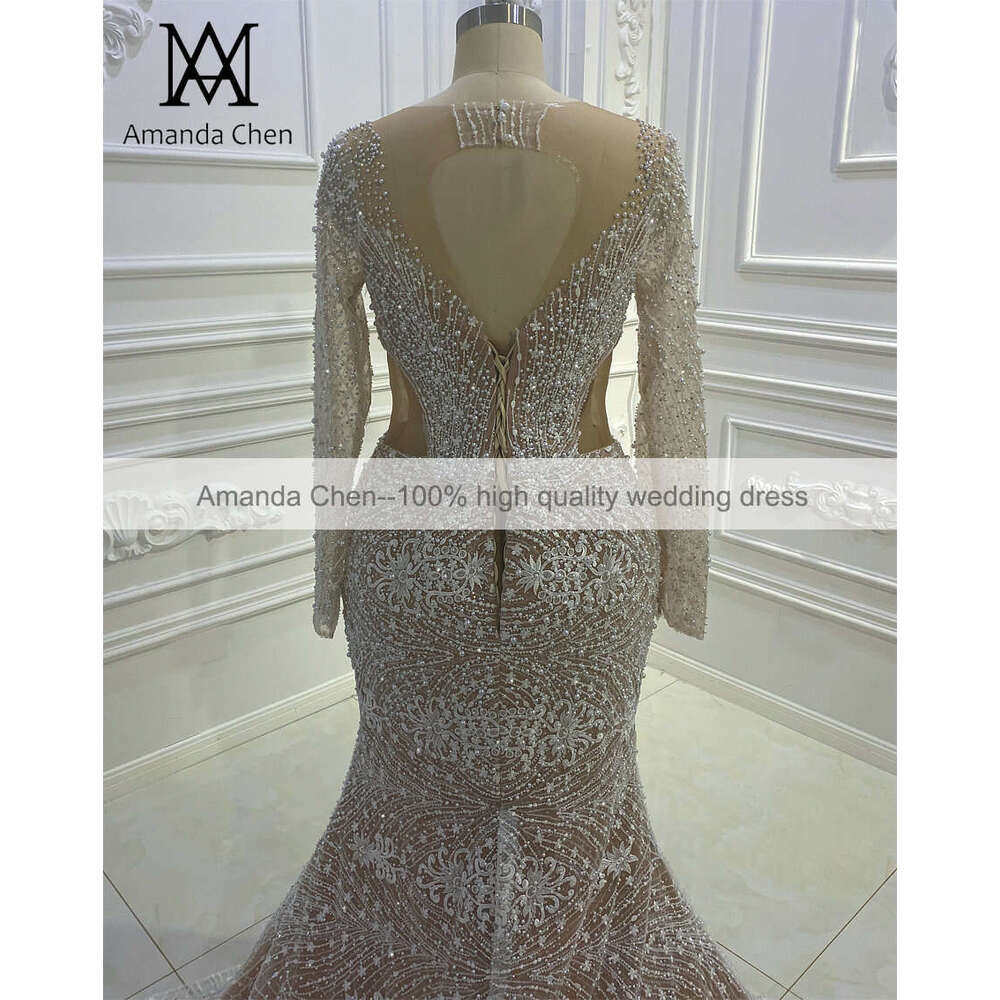 Popular Long Sleeve Beading Champagne Mermaid African Wedding dress