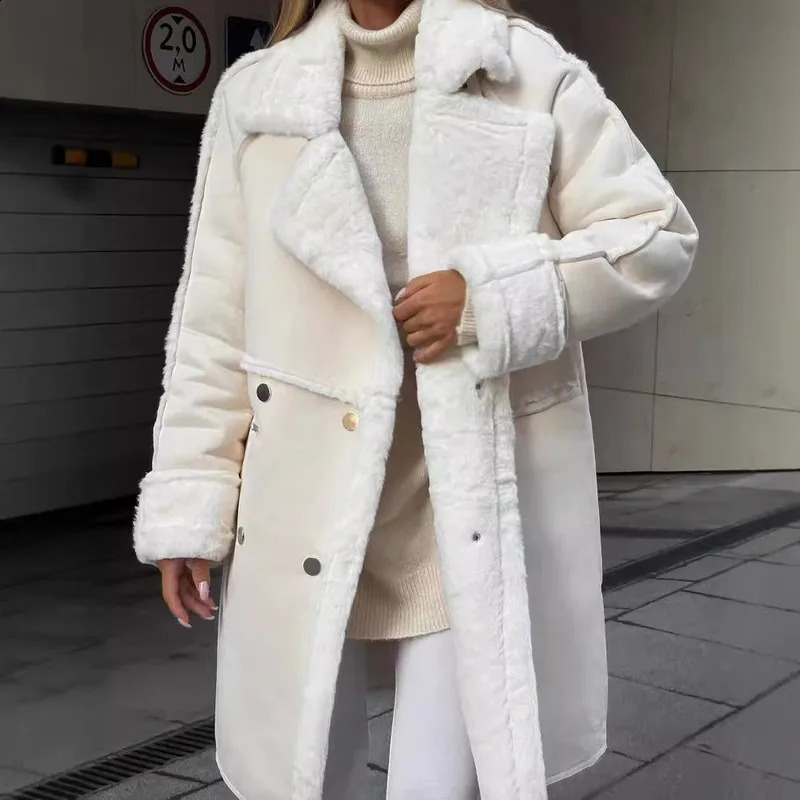 Winter European And American Fur Suede Coat Suit Collar Long Cardigan Sleeved Plush Womens Warm Top 241104