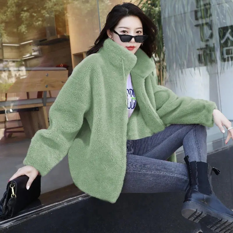 Women Winter Double Coral Fleece Warm Coat Stand Collar Plush Thick Overcoat Female Fashion Casual Long Sleeve Zipper Clothes 241106