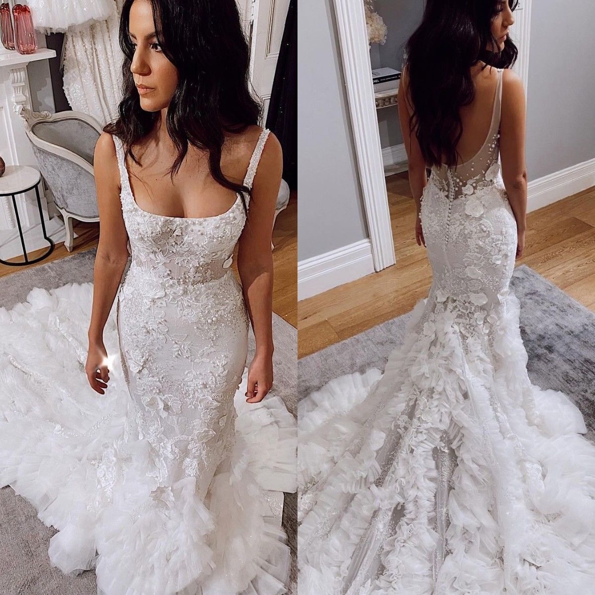 Arabic Mermaid Sexy Wedding Dresses Illusion Spaghetti Straps Lace Appliques Crystal Beads Pearls Open Back Ruffles Tiered Bridal Gowns Cathedral Trai