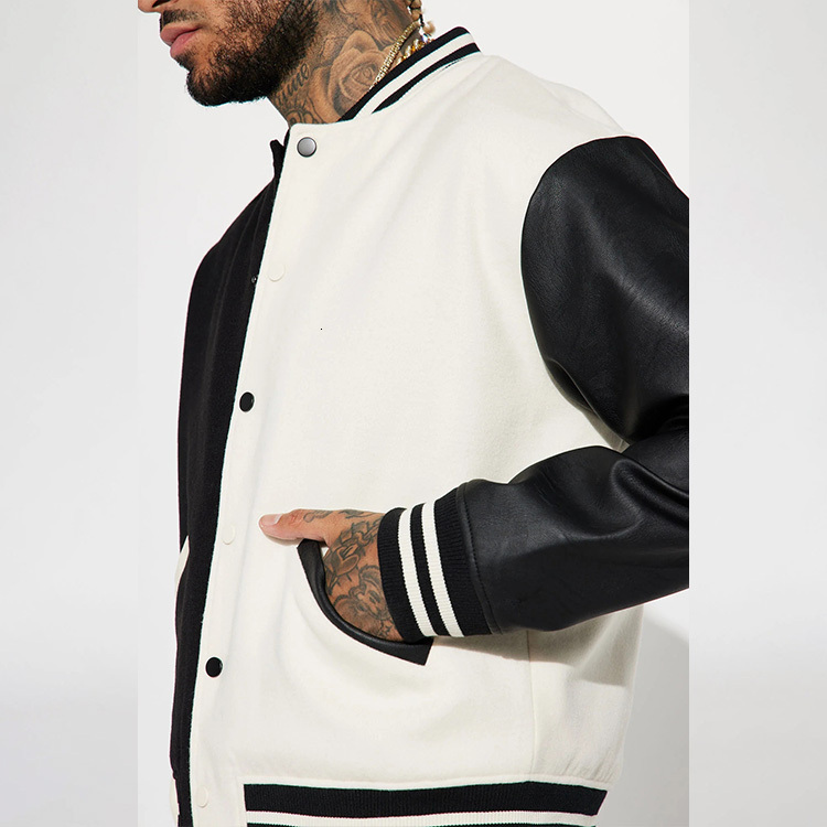 HL Custom Wholesale Wool Shell Letterman Bomber Jacket White Black Combo Faux Leather Sleeves Colorblock Varsity Men's Jacket