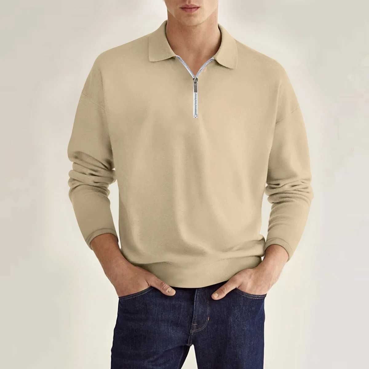 Spring and Autumn Classic Mens Daily Casual Preparatory Style Solid Color Zipper Decoration Loose Collar Long Sved Shirt W241106