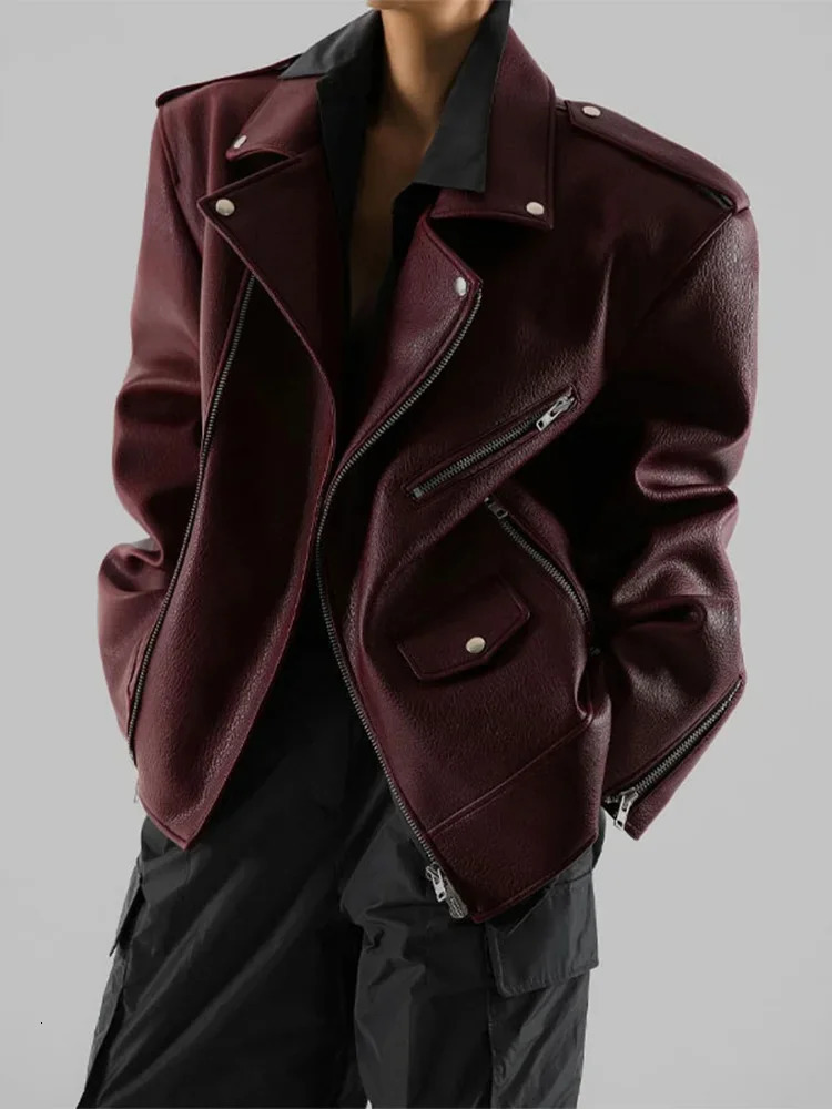 Womens Fashion Double Zipper Long Sleeved Coat Vintage Burgundy Pocket Pu Leather Jacket Autumn Female Street Outerwear 241106