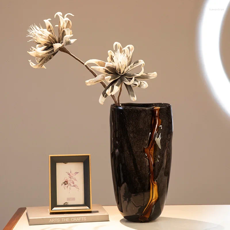 Vases Black Glass Vase Crack Water Ripple Flower Pot Floral Arrangement Accessories Flowerpot Terrarium Room Decoration