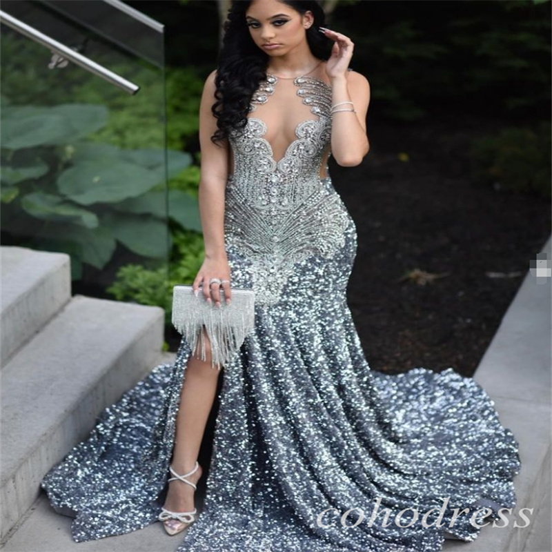 Luxury Gray Sequin Prom Dresses Sparkly Mermaid Slit Glitter Birthday Dress Mermaid Rhinestone Beaded Black Women Evening Dress Vestio De Fiesta 2025