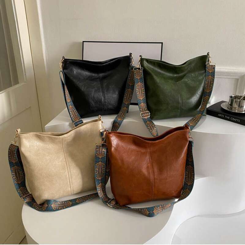 Designer Bag Vintage Solid Color Women Fashion PU Leather Shoulder Sling Bag High-Capacity Simple Wide Strap Bucket Crossbody Bag