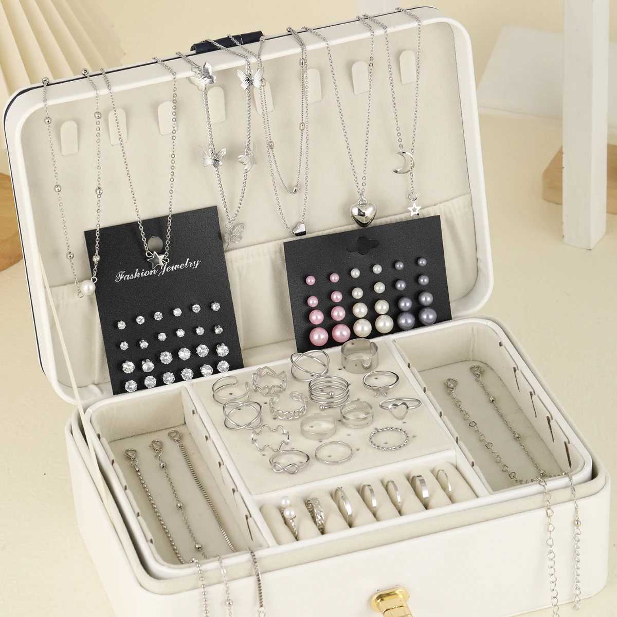 81 pieces of retro elegant imitation pearl zircon pendant earrings rings necklaces used for daily wear jewelry sets X241106
