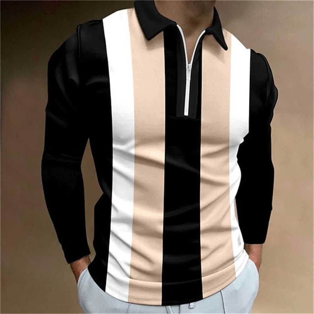 2024 Simple Stripe Print Mens Shirt Fashion High Collar Lapel T-shirt Mens Top Outdoor Casual Long Sve T-shirt Mens W241106