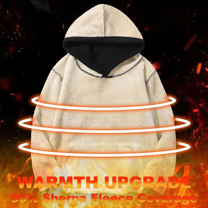 Mens warm wool Sherpa lined hooded sweatshirt autumn and winter thick heavy-duty floral top casual hooded sweatshirt pocket 241106
