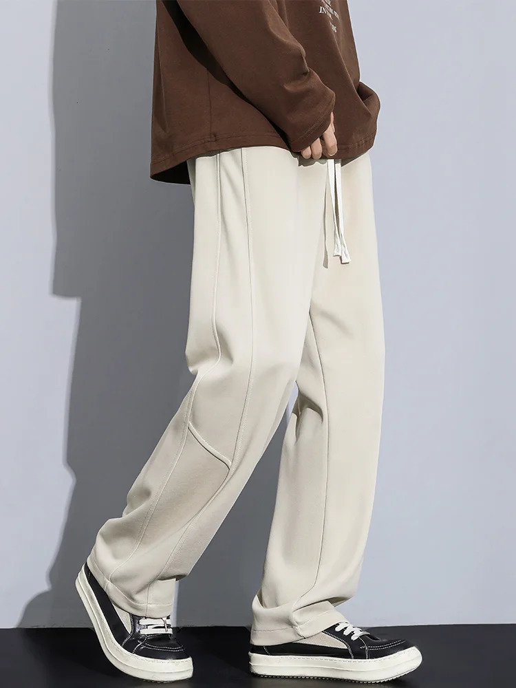 Autumn Mens Sweatpants Korean Fashion Solid Color String Banding Wide Leg Track Pants Straight Loose Cotton Trousers 241104
