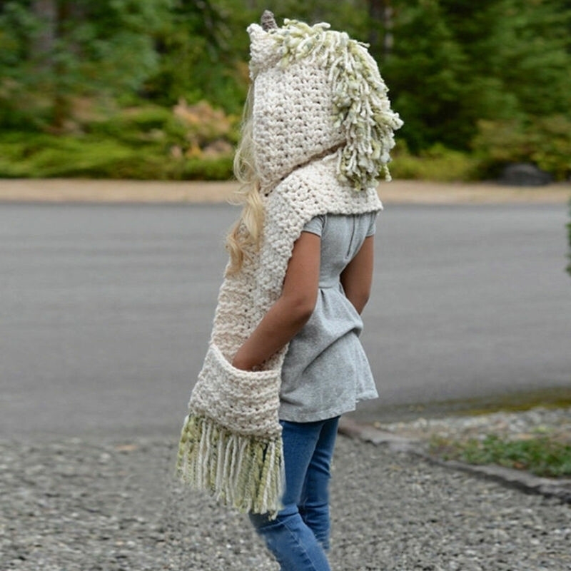 Unicorn Hooded Scarf Animal Hoodie Cowl Crochet Knitted Bean Hat for Children Baby Girls Cute Fashion Hat 2-12Y 241105