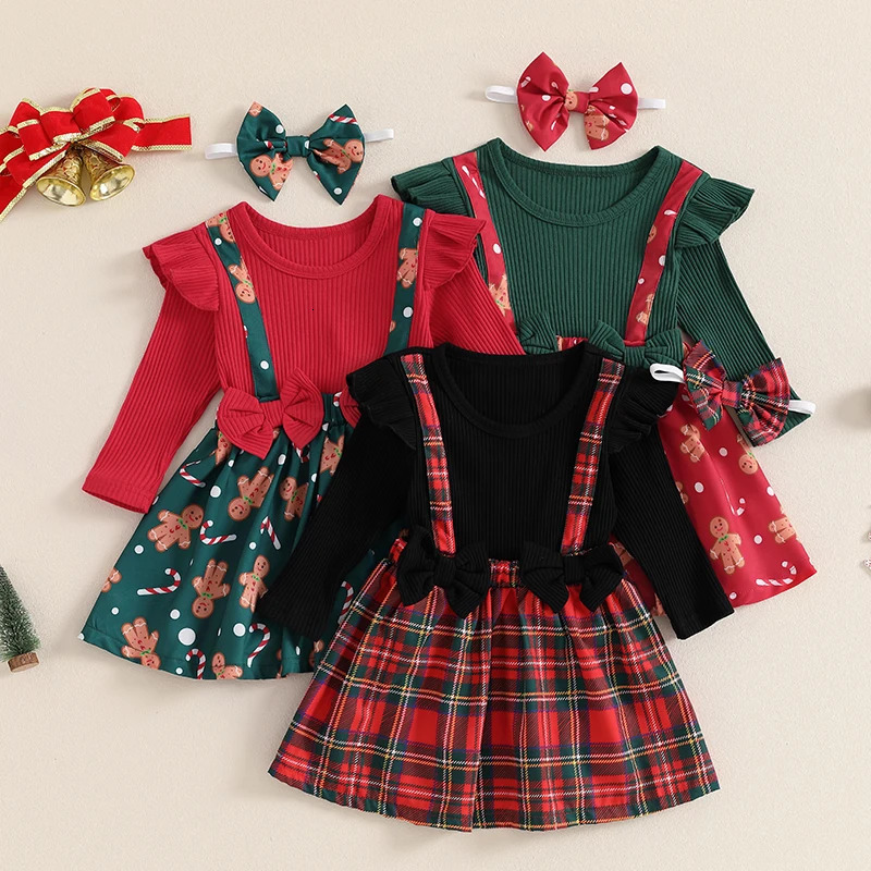 Toddler Baby Girls Christmas Skirt Set Plaid Gingerbread Man Bow Long Sleeve Ribbed Ruffled Overall Dress Headband 2Pcs Outfit 241106