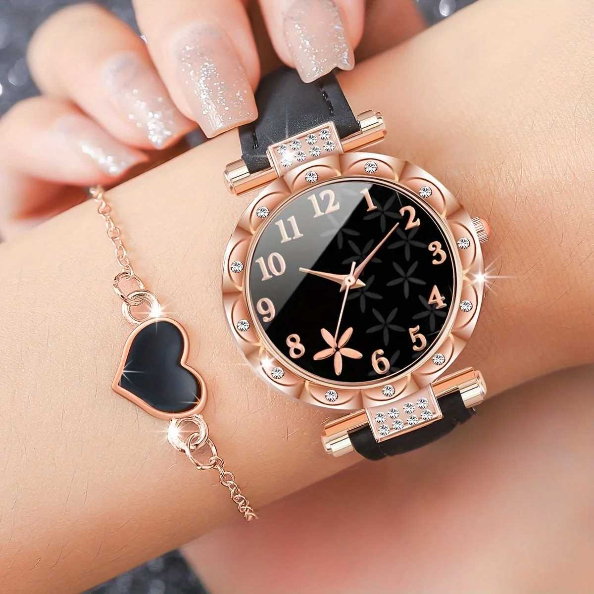 5 quartz watches for Wenpu leather watch black jewelry set perfect gift for her M girlfriend X241106