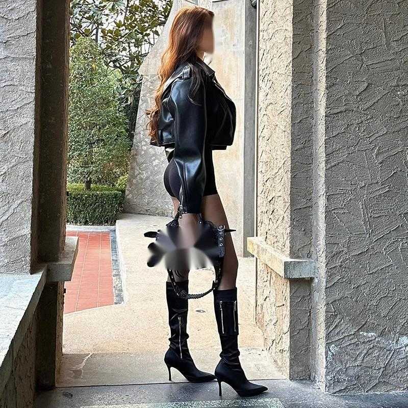 CMM New Pointed Metal Zipper High Heeled Boots Thin Heels Black Elastic and Slimming Spicy Girl Long Boots