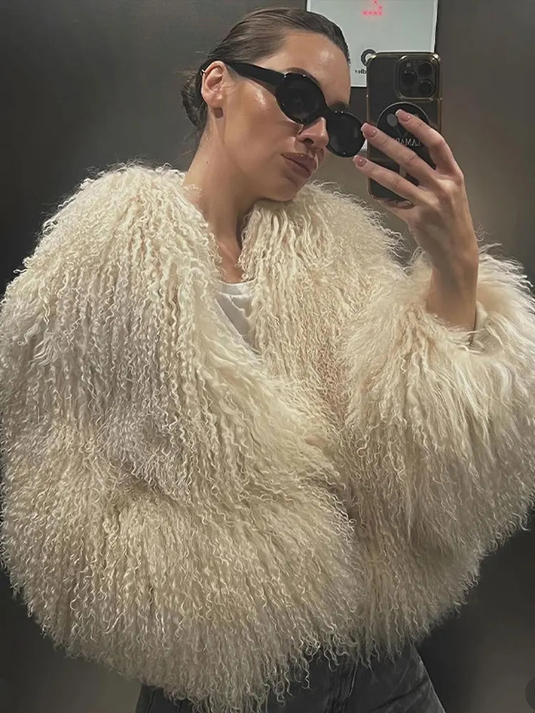 Women Fashion Solid Thicken Faux Fur Coat Elegant Lapel Long Sleeve Cropped Jackets Female Casual High Street Outerwear 241104