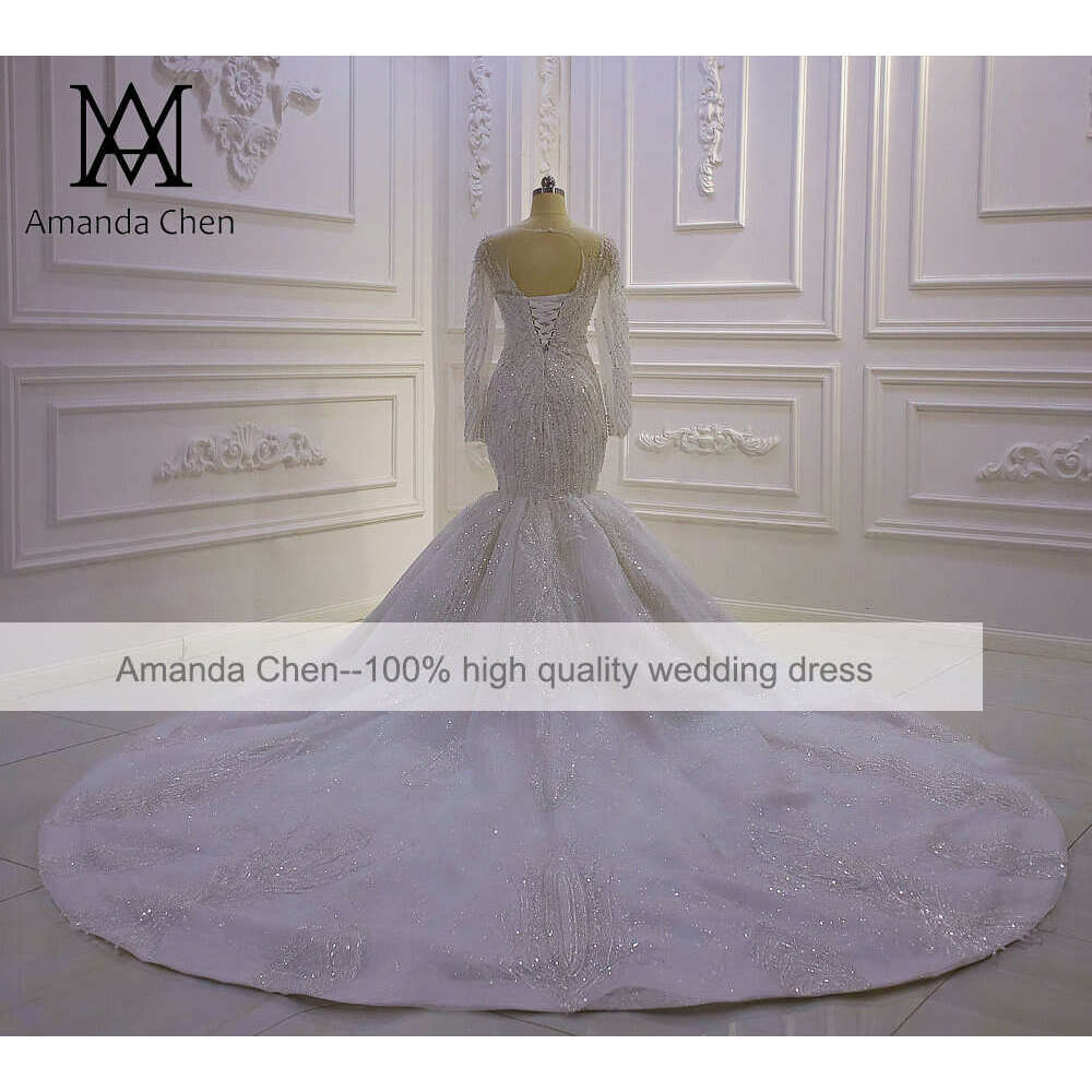 Long Sleeve Lace Beads Mermaid Wedding Dress