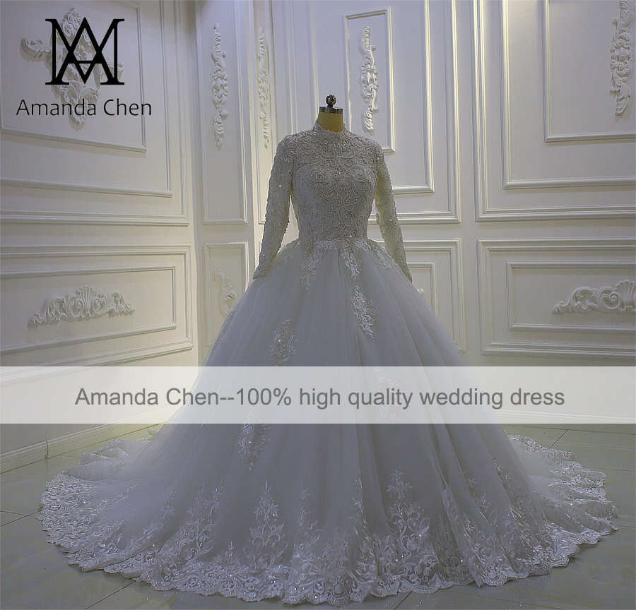 robe blanche High Neck Long Sleeve Lace Applique Pearls Muslim Wedding Dress