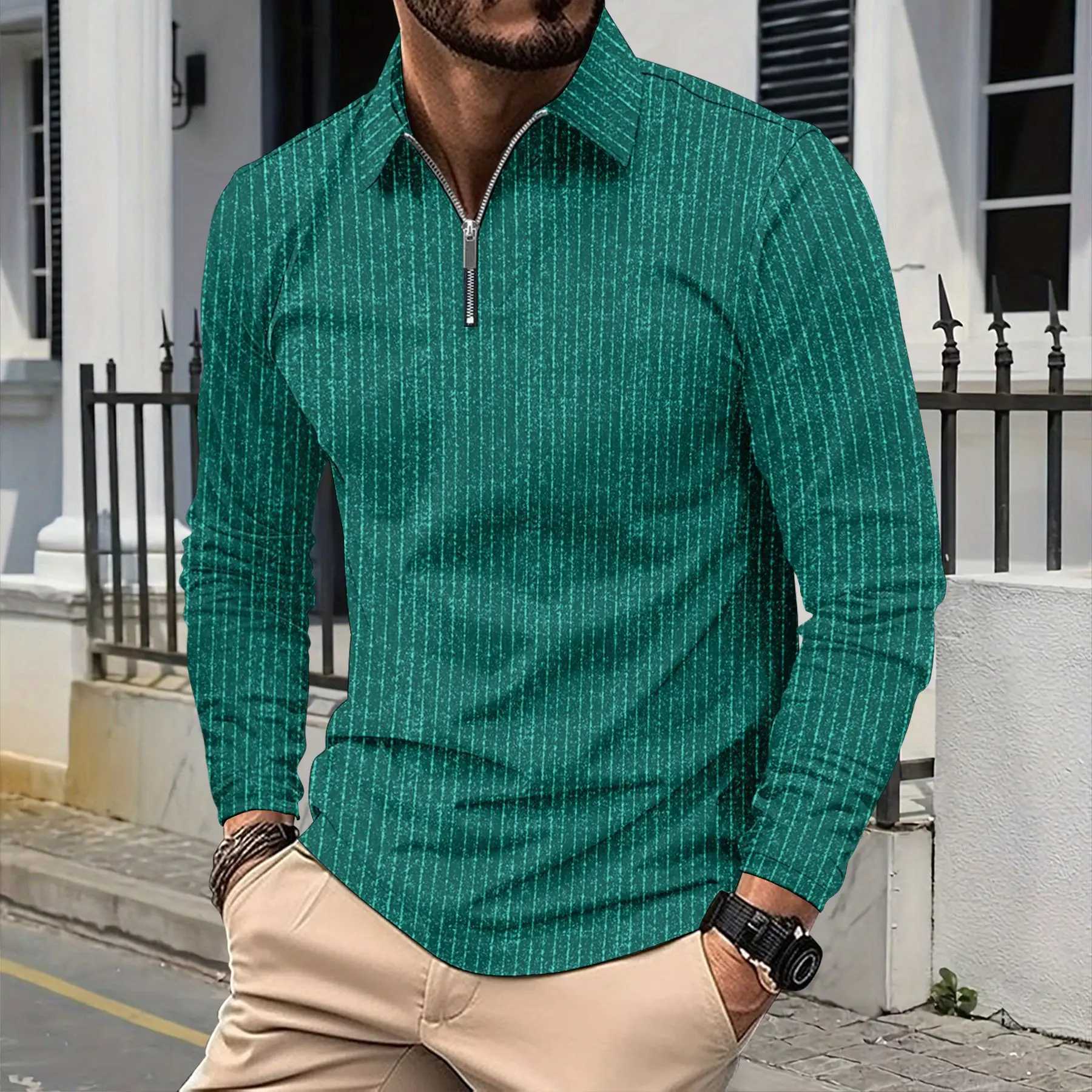New Cross border European and American Mens Collar Zipper Fashion Slim Stripe Mens T-shirt for 2024 W241106