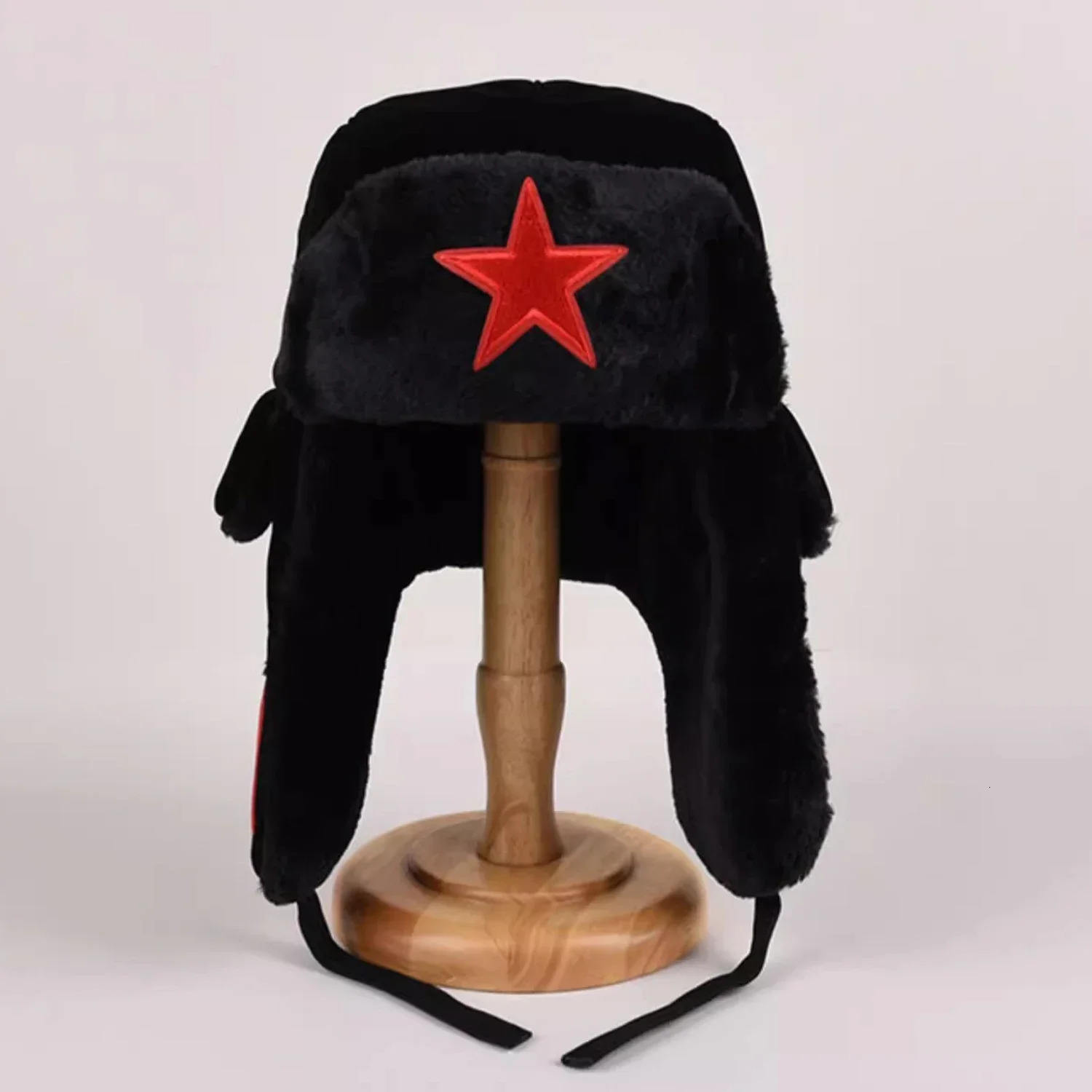Boys Winter Hat Red Star Label Pilot Ski Bomber Hat Parents Children Hunter Earrings Black Russian Hat Fluffy Faux Artificial Fur 241106