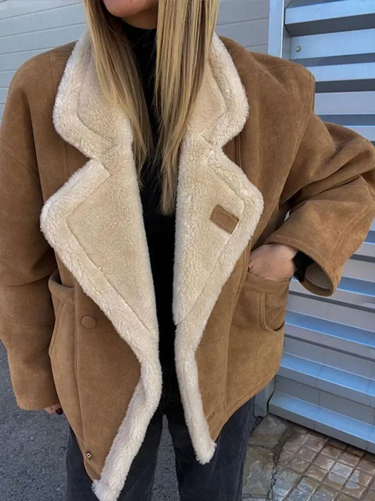 Fashion Lamb Wool Women Coat Patchwork Full Sleeve Lapel Female Jacket 2024 Elegant Winter Warm Thicken Pocket Lady Overcoat 241106