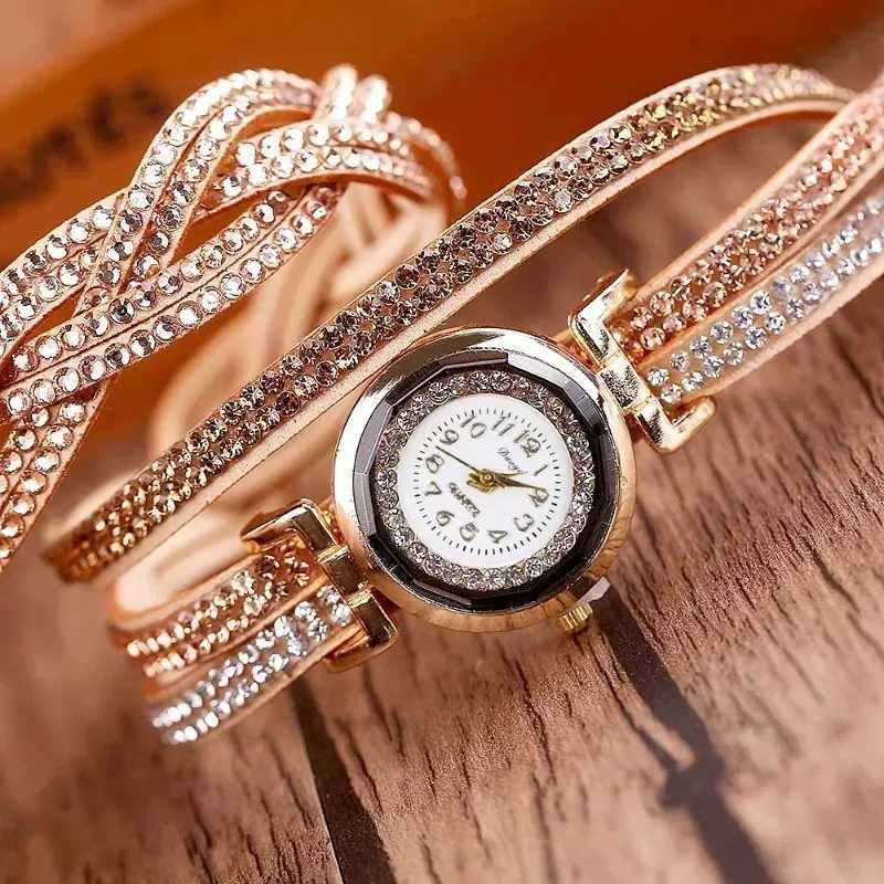Leisure Gold Quartz Watch Warm Rhinestone Fashion Knitted Leather Bracelet Watch Gift Womens Watch Relogio Womens Gift X241106