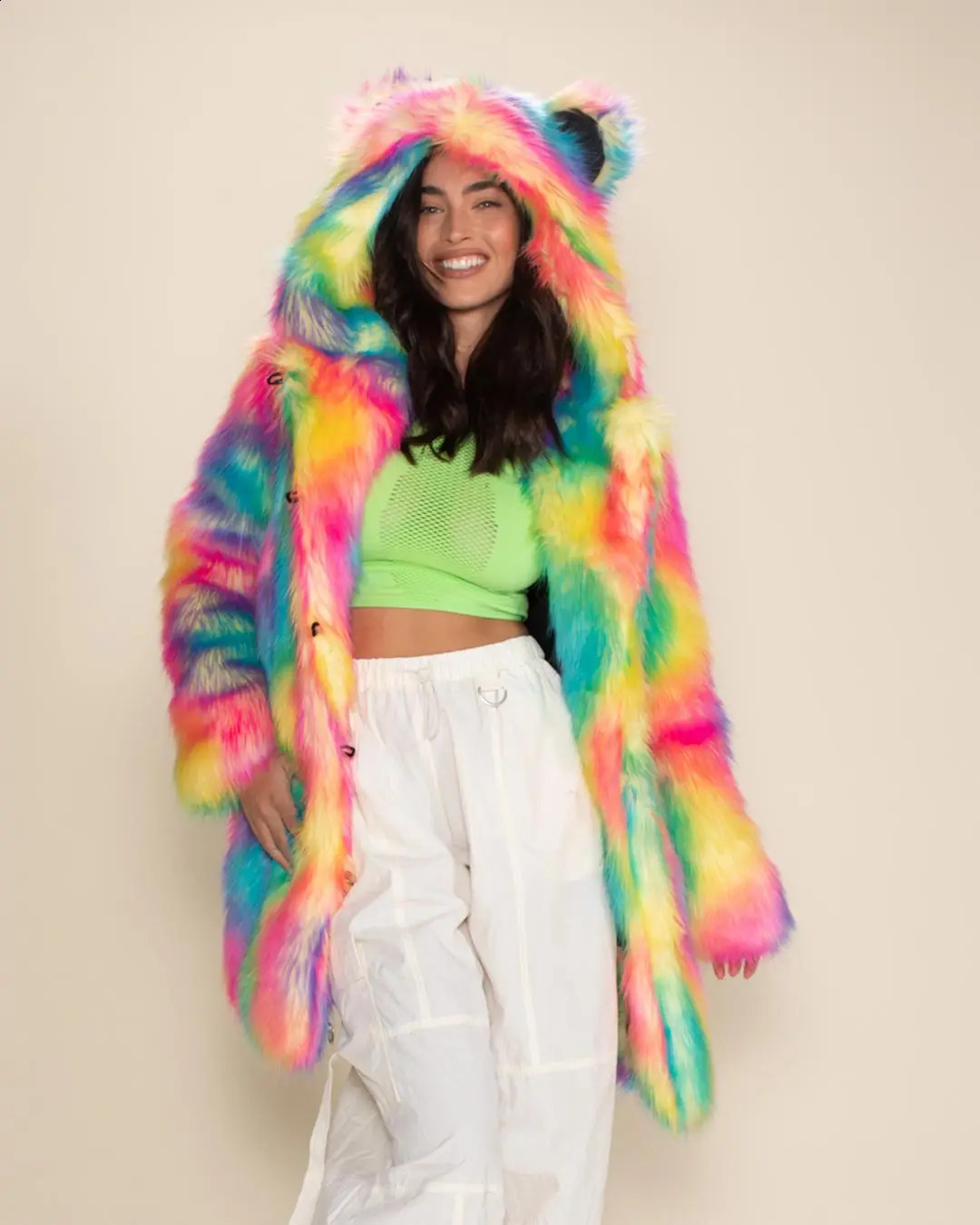 Colorful Personalized Faux Fur Coat Womens Fall And Winter Hooded Thick High Quality