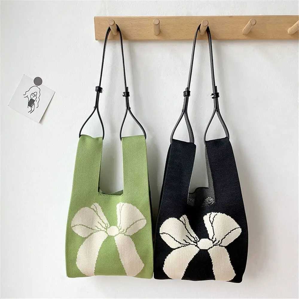 Reusable womens knitted handbags casual handmade wrist bags knot handbags bows shopping bags outdoor ragtag accessories Y241106