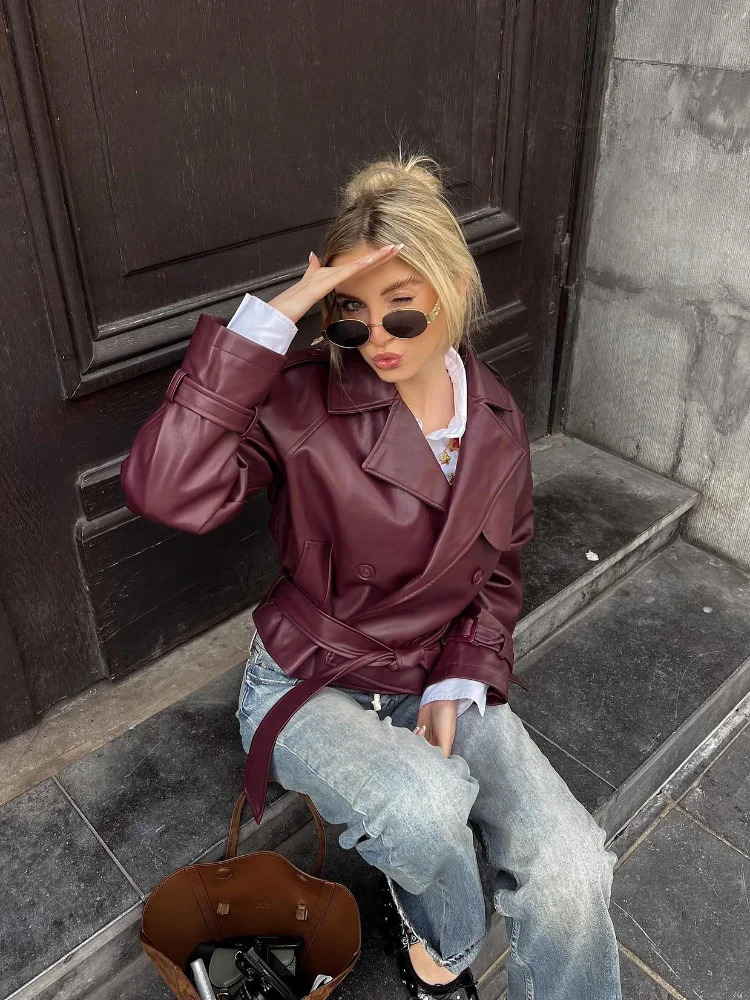 Fashion Women Autumn Solid Short Leather Jacket With Belt Elegant Lapel Long Sleeves Cropped Coat Chic Lady Commuting Outerwear 241106