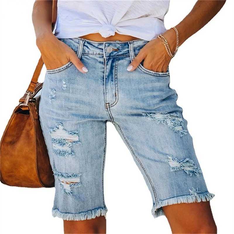 Ripped Jeans Summer Street Tassel High Elastic Skinny Pants Mid Waist Five Points Pants Women Slim Hole Ladies Casual ShortsX240923