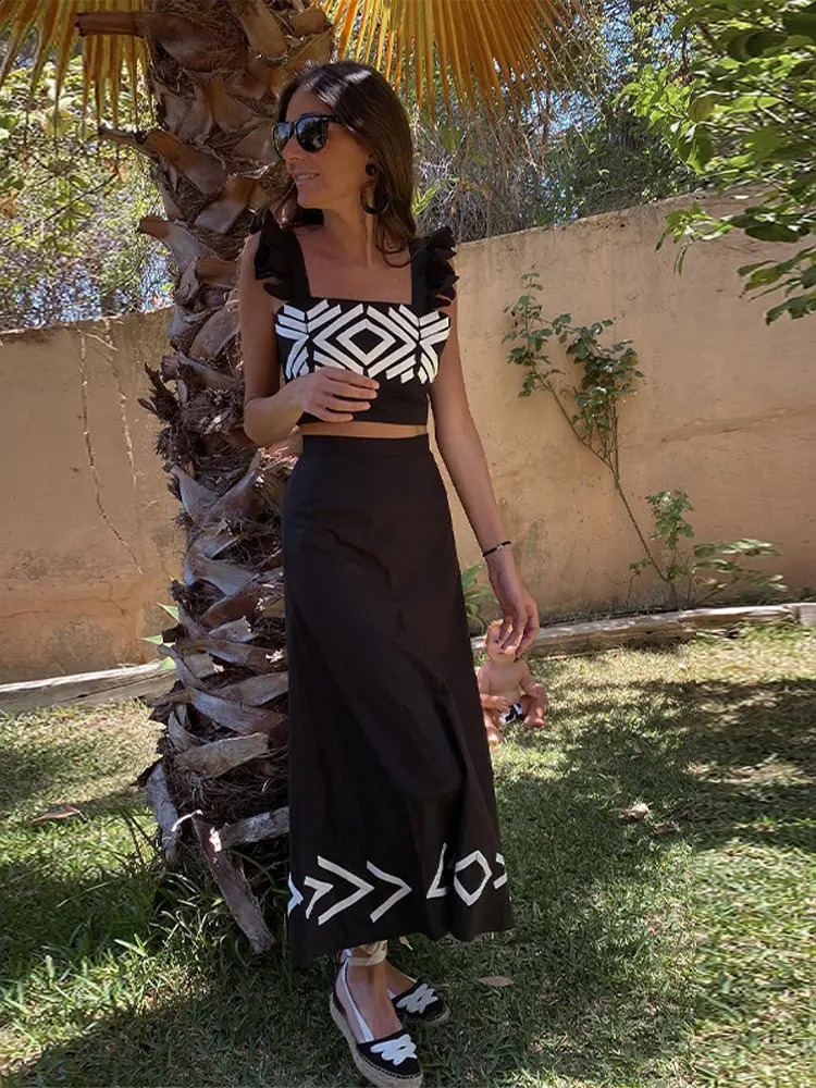 Fashion Print Skirt Suit Dres Spaghetti Strap Sleeveless Crop Top 2 Piece Set 2024 Spring Summer Lady Beach Outfits 240402