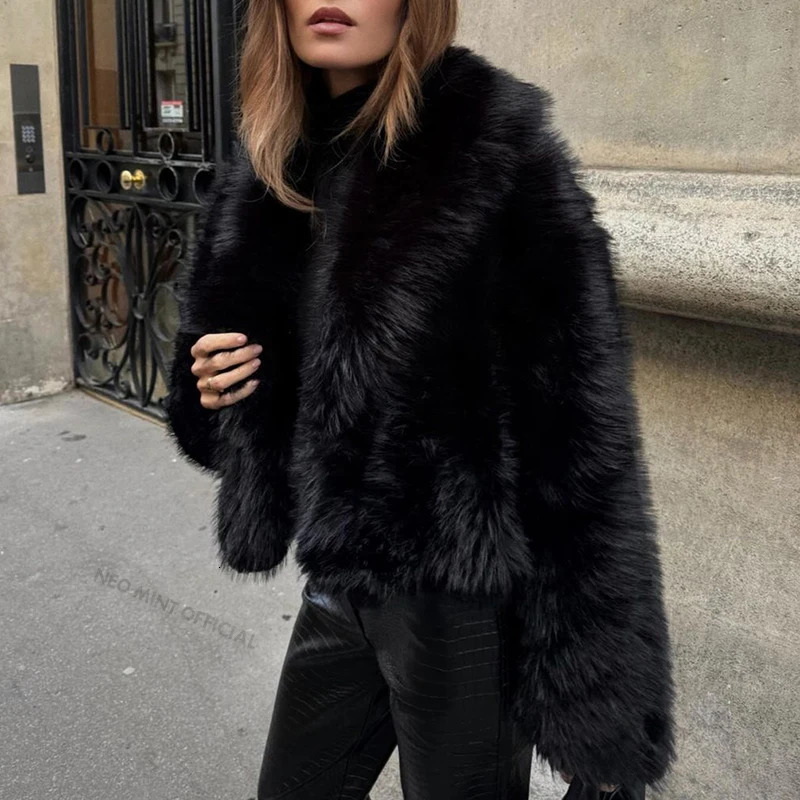 Neo Mint Street Fashion Shawl Collar Faux Fox Fur Coat Women 2024 Winter Cool Black Short Fur Jacket Vintage Chic Overcoat 241106