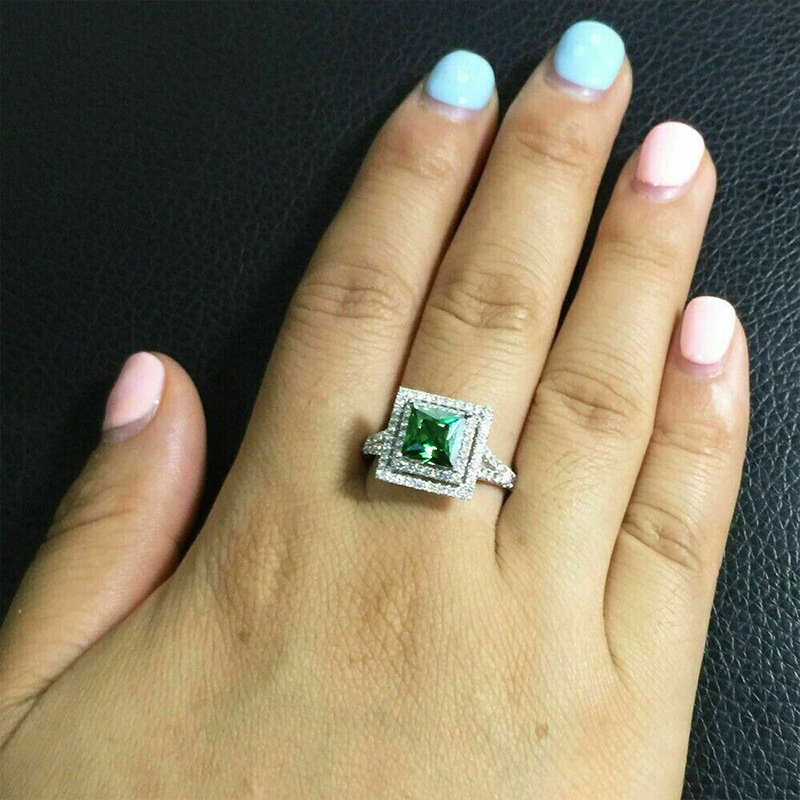Sparkling Wedding Rings Handmade Elegant Luxury Jewelry 925 Sterling Silver Princess Cut Emerlad CZ Diamond Party Eternity Women Engagement Band Ring 