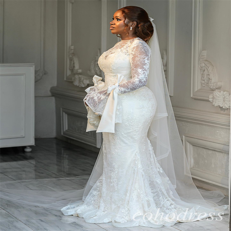 Gorgeous Lace Mermaid Wedding Dresses With Long Sleeve African Nigerian Country Civil Garden Bridal Dress Plus Size Vestio De Novias Romantic Bride