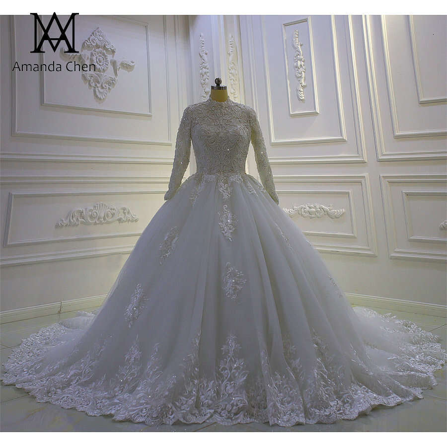 robe blanche High Neck Long Sleeve Lace Applique Pearls Muslim Wedding Dress