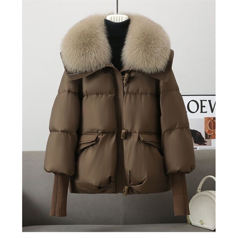 Winter Fur Collar Puffer Down Parka Loose Down Warmer Thicken Snow Jacket Pocket Zipper Faux Fur Outerwear Female 241105