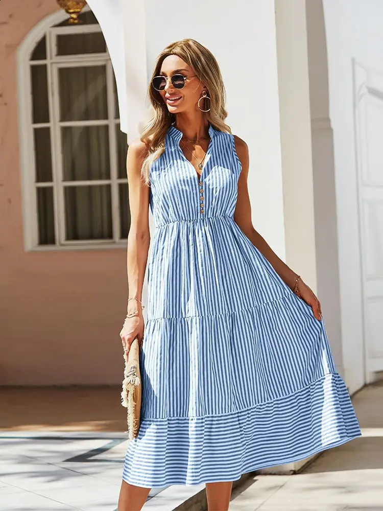 Ladies Vintage Boho Summer Dress Women Sleeveless Casual Holiday Striped Shirt Sundress Outfits Female Robe Vestidos 240329