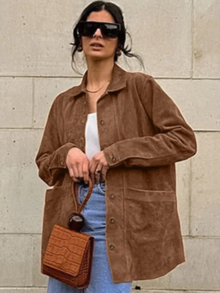 Vintage Suede Womens Jacket Shirt Casual Turndown Collar Women Jackets Coat Solid Color Autumn Fashion Female Jacket Blouses 241106