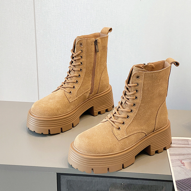 Martin Women's 2024 Autumn/Winter New Thick Sole Genuine Short British Reverse Fleece Leather Fashion Versatile Motorcycle Boots