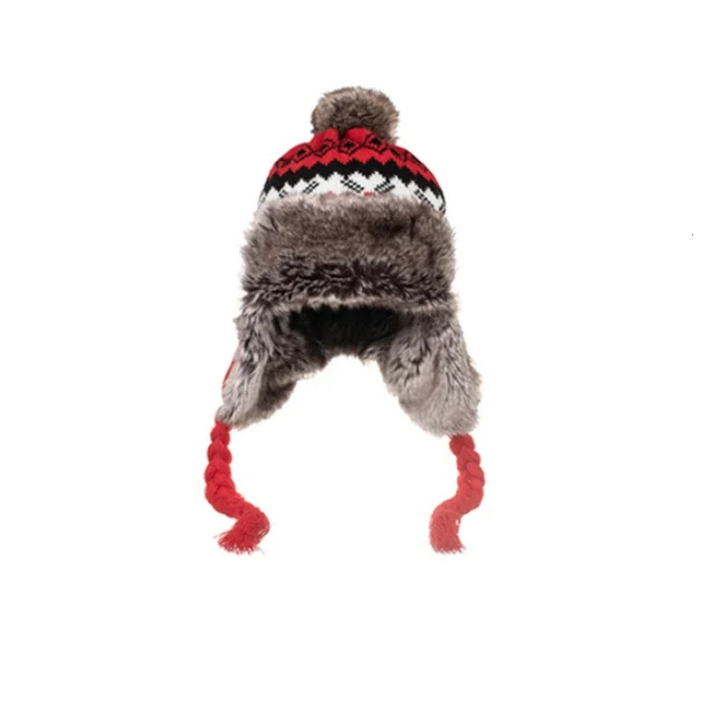 Winter Hat Bomber Hat Womens Warm Snow Hat with Fur Puff Windproof Knitted Earrings Trap Girls Outdoor Hat Gift 241106
