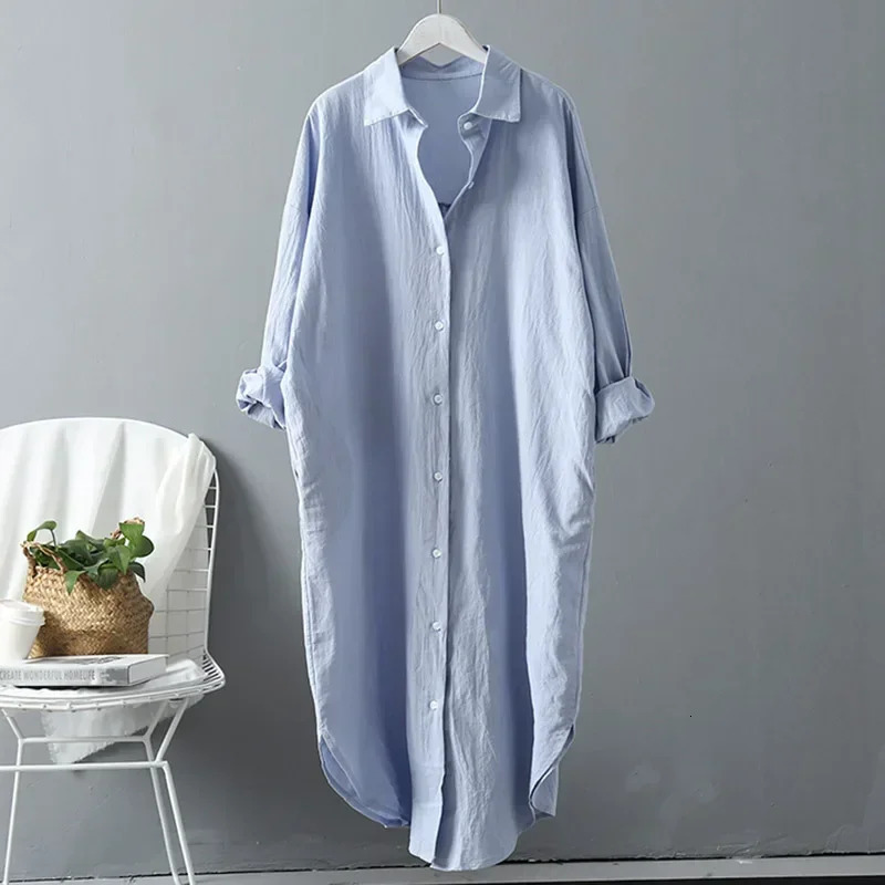 Long White Shirt Dress for Women Linen Cotton 2024 Spring Summer Casual Korean Clothing Vintage Oversized Midi Robe 241106