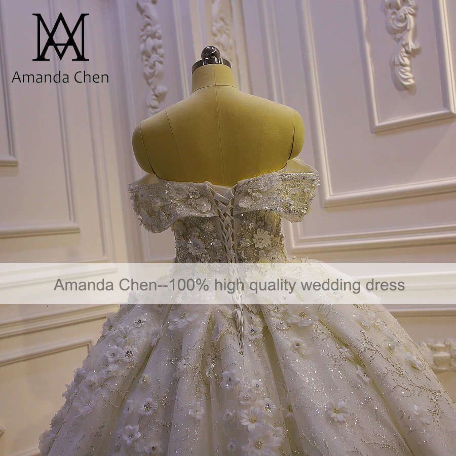 Customized vestido novia civil Off Shoulder Lace Appliqued 3D wers Wedding Dress