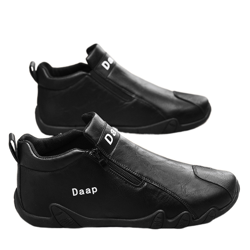 2024 Autumn New High Zipper Leather for Men's Casual One Step Korean Version Mid Top Labor Protection Work Board Shoes Trend