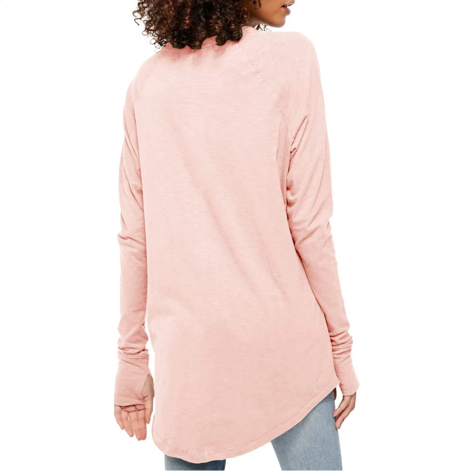 Womens TShirt Solid Round Neck Loose Long Sleeve Medium Length Comfy Thumb Hole Shirts Basic Stretch Layer Tshirt Top 241029