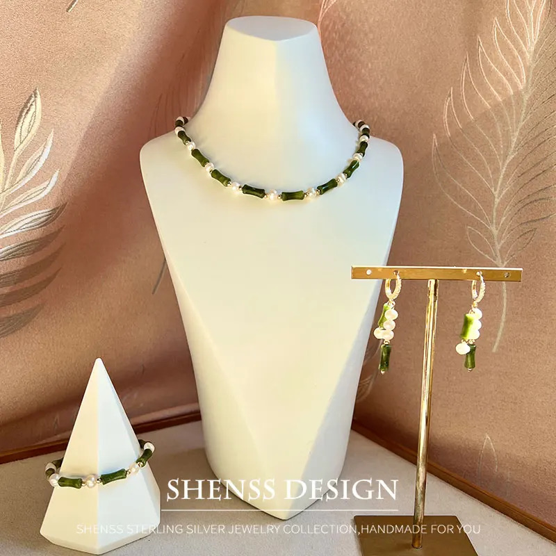 Jewelry Set Natural Freshwater Pearl Jade Bamboo Festival Necklace Bracelet Earrings Copper Plated 14k Gold Accessories Jewelry 241106