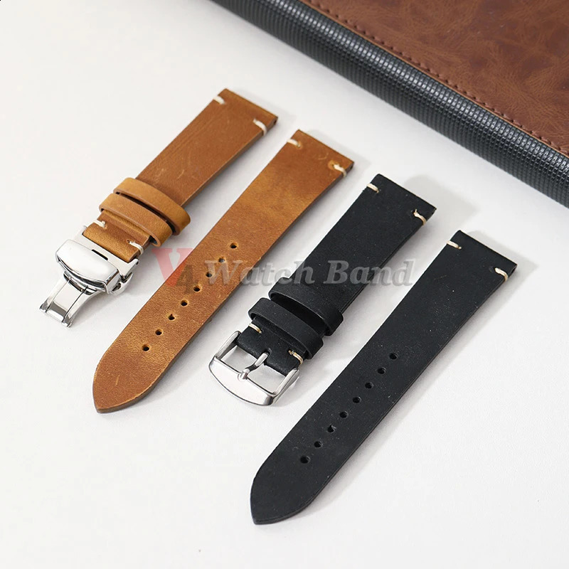 Stitching Cowhide Strap 181920212224mm Wrist Bracelet Vintage Leather Watch Band Butterfly Buckle 241105