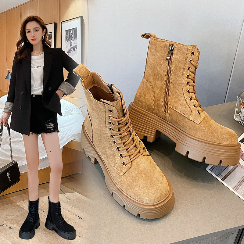Martin Women's 2024 Autumn/Winter New Thick Sole Genuine Short British Reverse Fleece Leather Fashion Versatile Motorcycle Boots