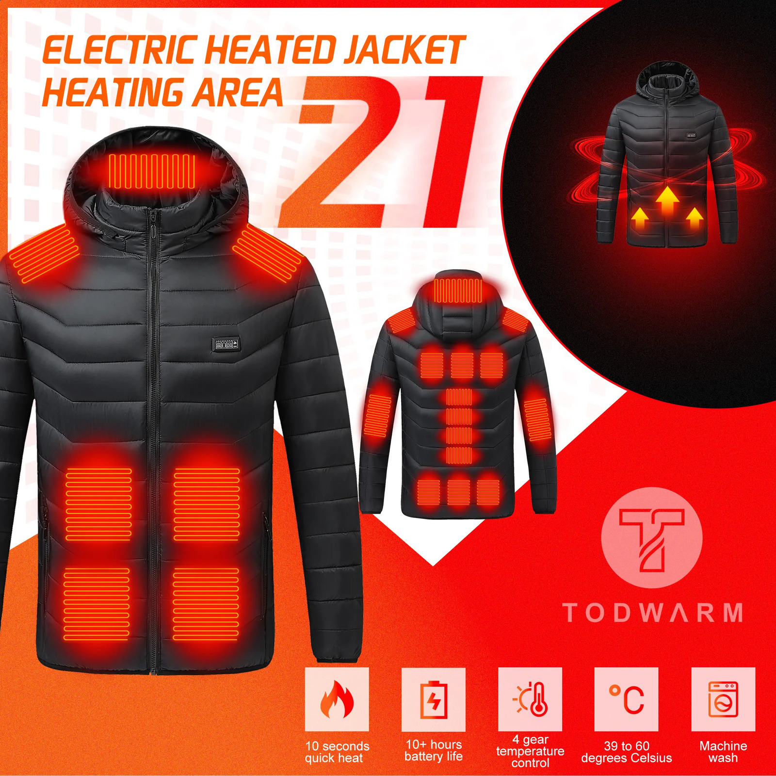TODWARM Heated Jacket 21 Areas Winter Mens Motorcycle USB Electric Heating Vest Moto Thermal Cloth 241105