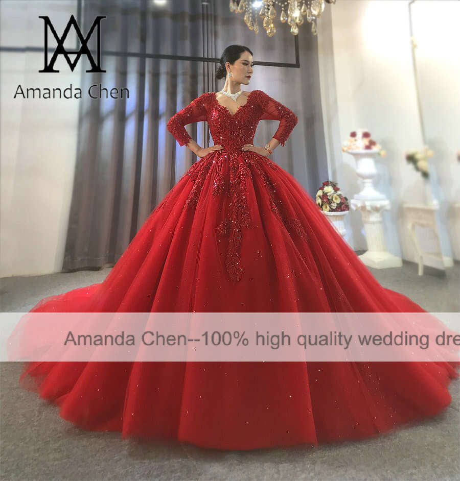 robe femme Lace Applique Crystal Sweetheart Red Wedding Dress