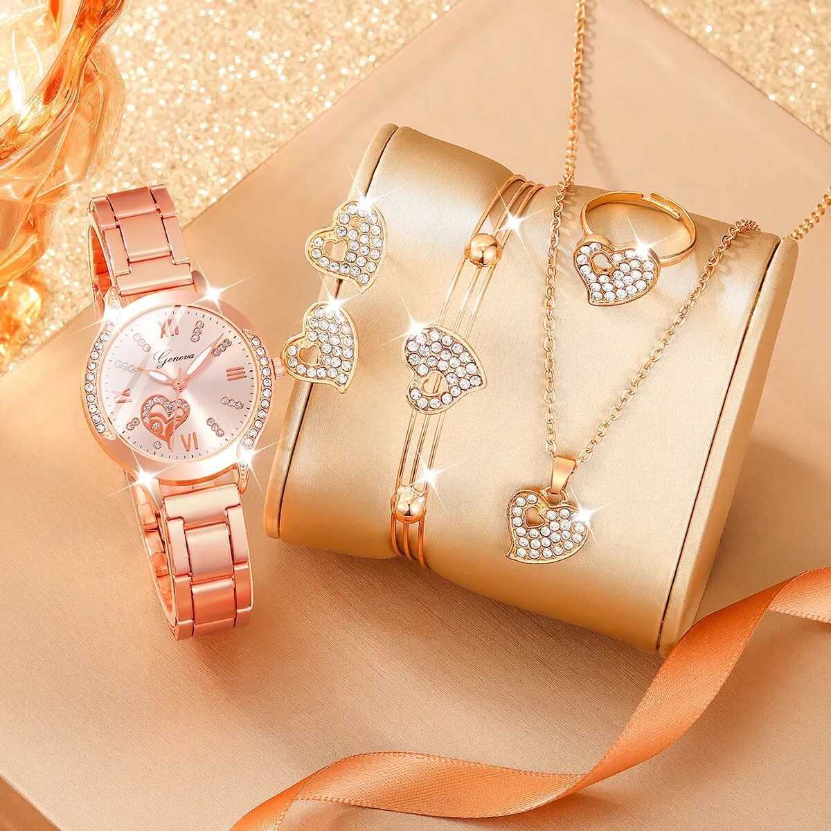 6 Womens Fashion Simple Designer Star Ran Rhinestone Steel Strap Quartz Watch Luxury Pearl Rhinestone Jewelry Set X241106