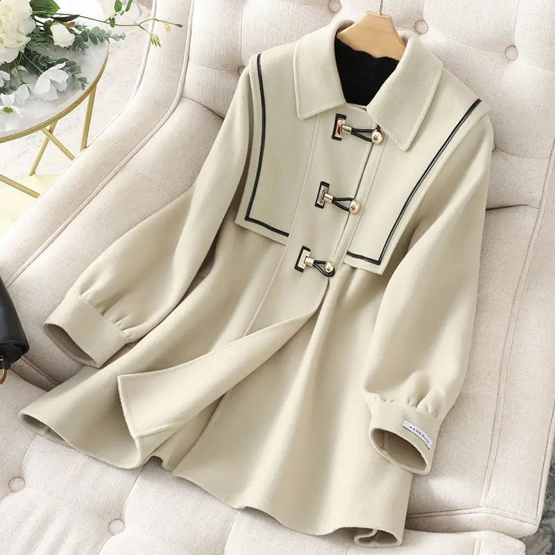 Women Wool Blends Coats Fashion Patchwork ned Puff Sleeve Elegant Lady Cashmere Clothes M4XL Mujer French Style Harajuku 241105